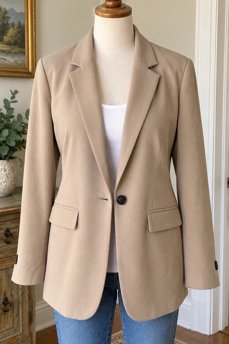 H&M Women’s XL Beige Tan Blazer Single Button Notched Lapel Pockets